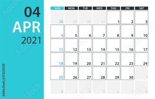 April 2021 Calendar Planner - vector illustration. Template. Mock up.
