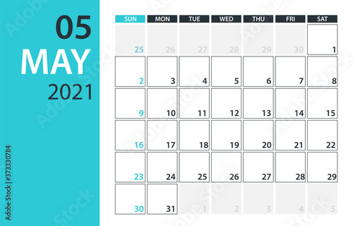 May 2021 Calendar Planner - vector illustration. Template. Mock up.