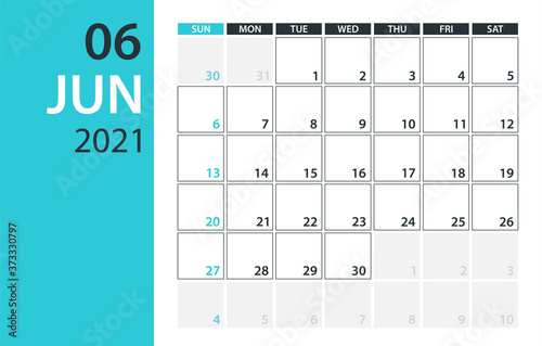 June 2021 Calendar Planner - vector illustration. Template. Mock up.