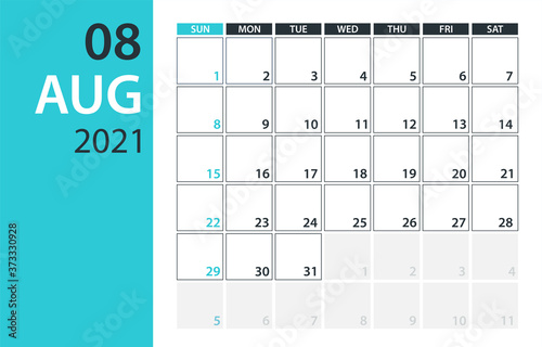 August 2021 Calendar Planner - vector illustration. Template. Mock up.