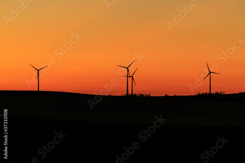 wind turbines in the rural landscape at sunset