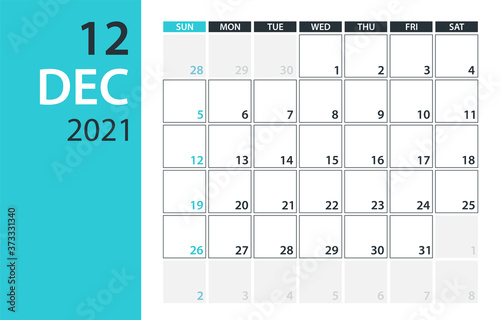 December 2021 Calendar Planner - vector illustration. Template. Mock up.