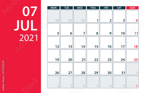 July 2021 Calendar Planner - vector illustration. Template. Mock up.