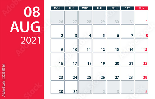 August 2021 Calendar Planner - vector illustration. Template. Mock up.