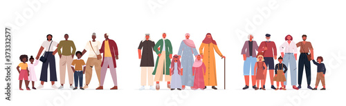 set mix race multi generation families happy grandparents parents and children standing together full length horizontal vector illustration