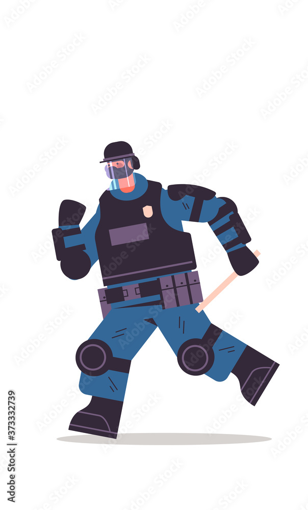 policeman in full tactical gear riot police officer protesters and demonstrations control concept full length vertical vector illustration