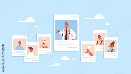 male doctor consulting family patients in web browser windows online medical consultation healthcare service medicine concept horizontal vector illustration