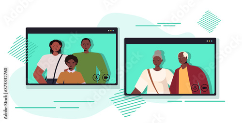parents and child having virtual meeting with grandparents during video call family chat communication concept people chatting in web browser windows portrait horizontal vector illustration