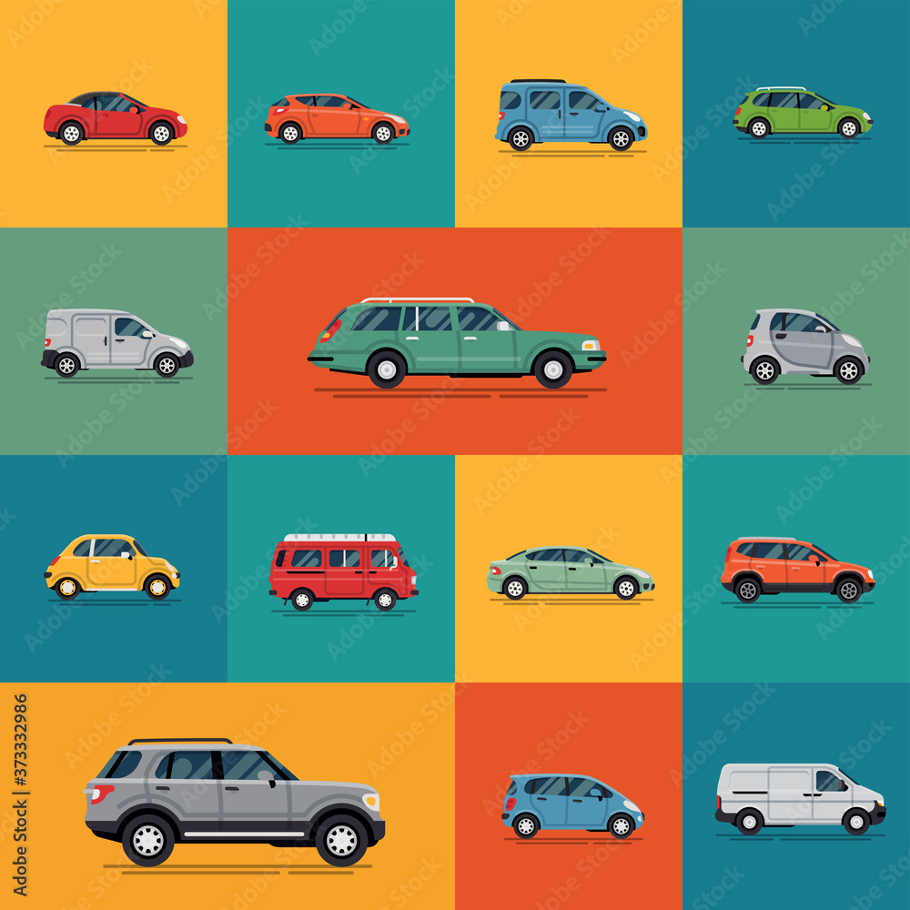 Transport themed vector banner, poster or background template with different types of cars in flat style. Ideal for transport, city life, car rental and environment themed graphic design