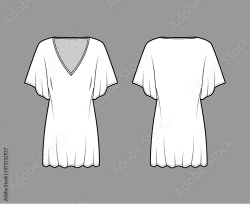Kaftan dress technical fashion illustration with deep V-neck, batwing elbow sleeves, above-the-knee length, oversized. Flat apparel template front back white color. Women men unisex top CAD mockup