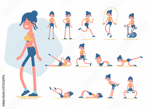 Quality limited color scheme vector illustration set on female character performing different exercises. Women health and fitness