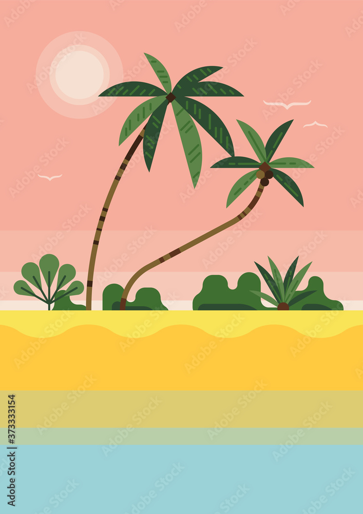 Flat vector tropical beach background. Ideal for summer vacation web and graphic design