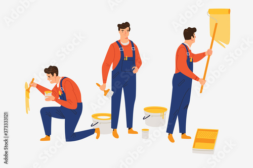 High quality basic poses set of male painter professional in trendy flat cartoon style. Isolated cheerful caucasian man in overalls standing and working with roller and brush vector illustration