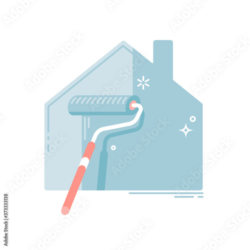 Vector design element on property renovation or house restoring with paint roller refreshing wall paint