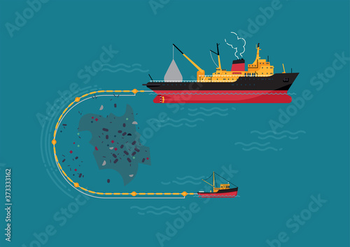 Ocean pollution removal program concept vector illustration. World ocean environment protection visual with ships collecting plastic from water surface