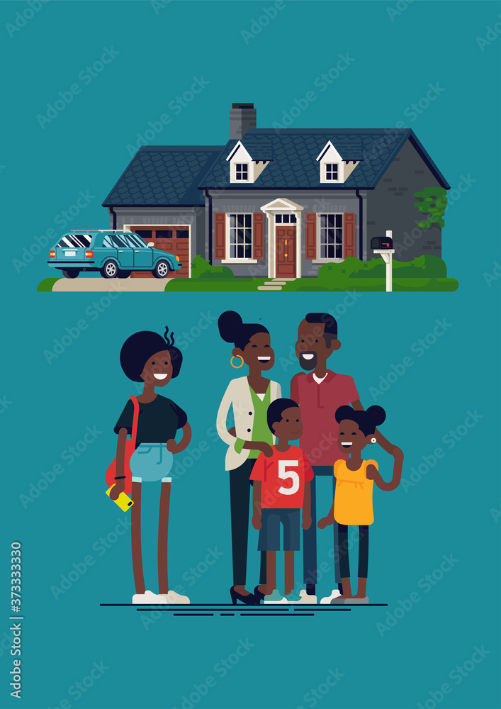 Happy family standing in front of their home. Flat vector illustration ...