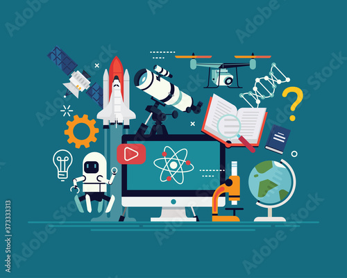 Creative flat design illustration on modern science, engineering, robotics, astrophysics and other disciplines. Ideal for education themed banners, flyers or posters