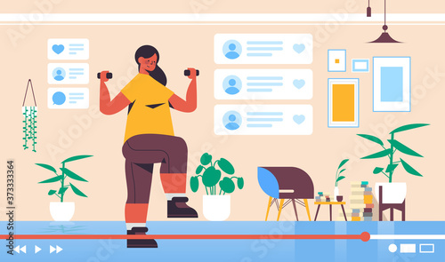 fitness blogger doing exercises with dumbbells recording online video blog live streaming blogging concept horizontal full length vector illustration
