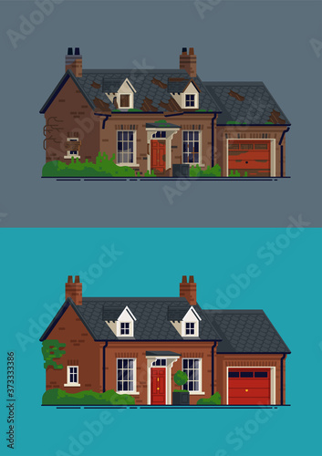 Property renovation flat vector illustrations. House with garage before and after restoration works. Ideal for real estate market themed banners and posters