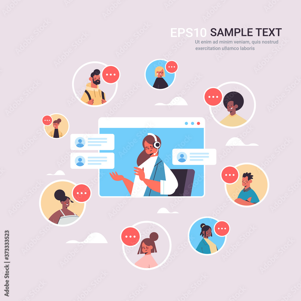 female operator with headset chatting with mix race clients call center agent in web browser window customer support service concept portrait copy space vector illustration female operator with headset chatting with mix race clients call center agent in web browser window customer support service concept portrait copy space vector illustration