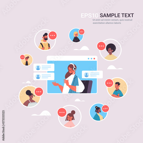 female operator with headset chatting with mix race clients call center agent in web browser window customer support service concept portrait copy space vector illustration