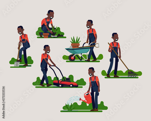 African gardening specialist working on different tasks using gardening equipment and tools. Horticulture related character vector illustration in trendy flat style