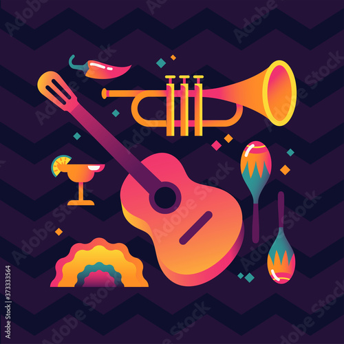 Vibrant Mexican Cinco de Mayo holiday themed vector design elements featuring trumpet, guitar, maracas and more