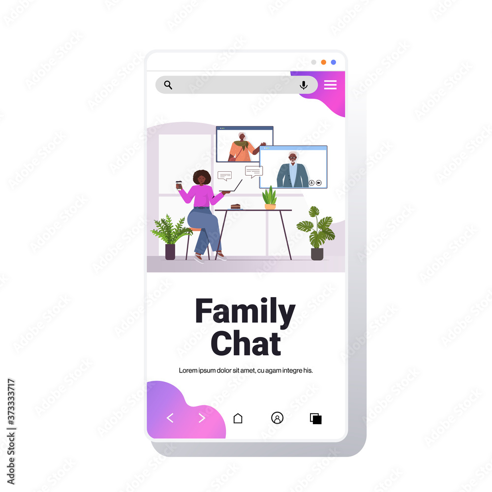 african american woman having virtual meeting with senior parents in web browser windows video call family chat online communication concept smartphone screen copy space vector illustration african american woman having virtual meeting with senior parents in web browser windows video call family chat online communication concept smartphone screen copy space vector illustration