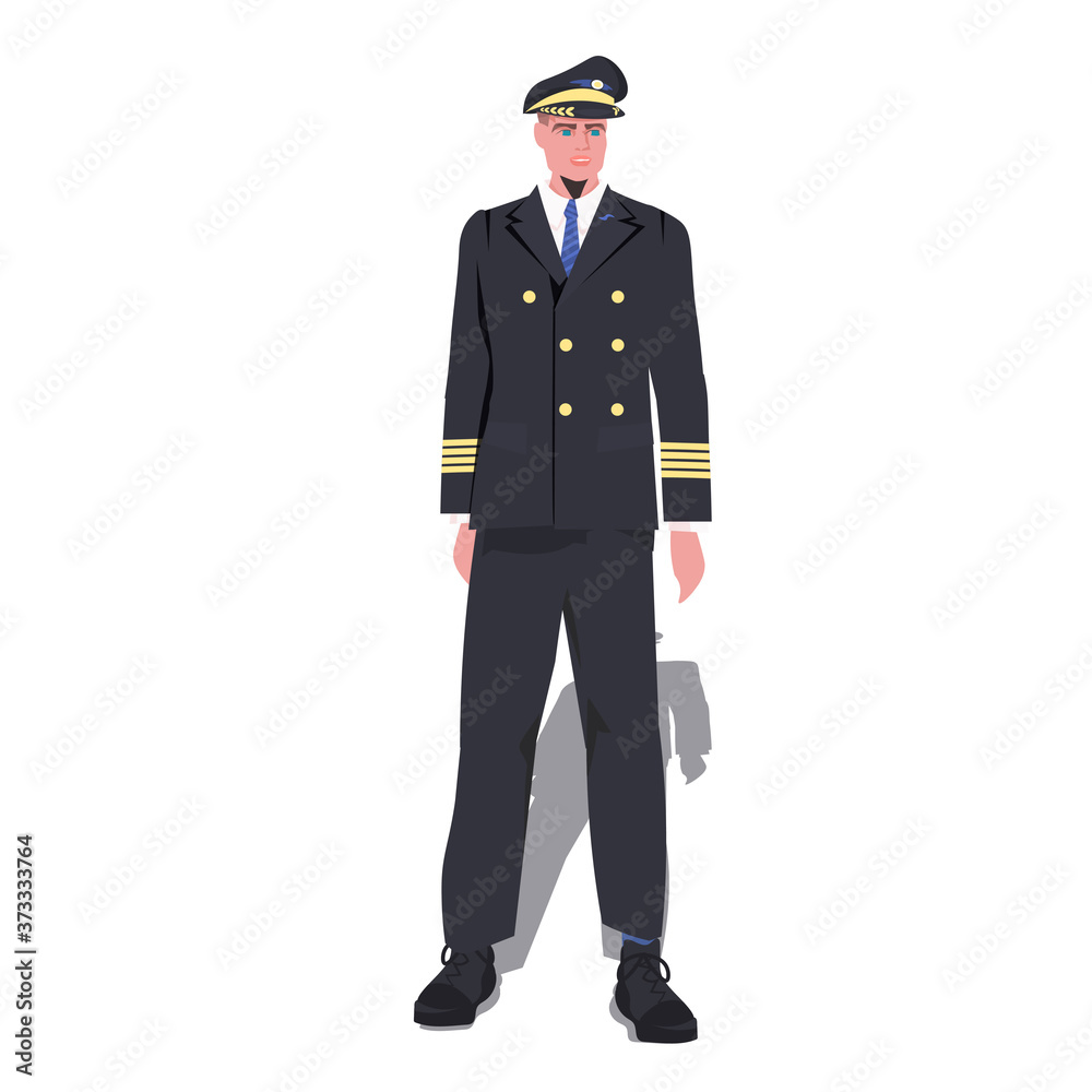 man pilot in uniform male captain standing pose aviation concept full length vector illustration man pilot in uniform male captain standing pose aviation concept full length vector illustration