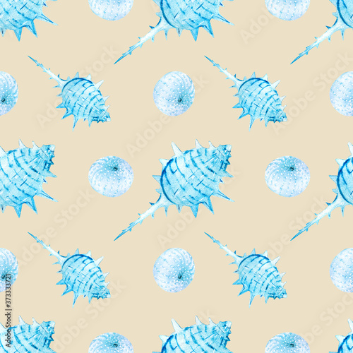 Watercolor seamless patterns with blue seashells on a beige background. Perfect for postcards, patterns, banners, posters, nautical wallpapers, gift wrapping or clothing prints