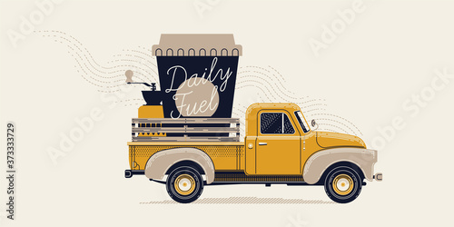 Coffee lovers themed art. Elegant retro styled figurative vector illustration of old truck carrying giant take away paper coffee cup with handwritten lettering and coffee grinder