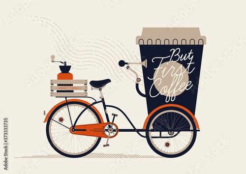 Elegant retro styled figurative vector illustration of take away coffee as giant paper coffee cup bicycle cart with lid, coffee grinder on rack and handwritten lettering. Coffee lovers themed art.