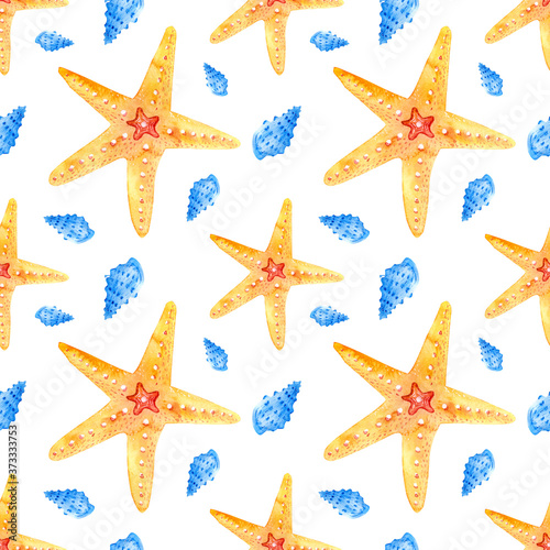 Watercolor seamless patterns with blue seashells and orange starfishes on a white background. Perfect for postcards, patterns, banners, posters, nautical wallpapers, gift wrapping or clothing prints
