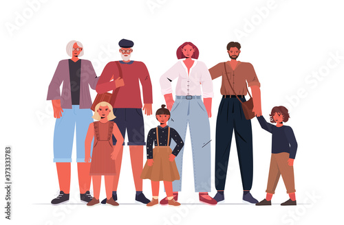 multi generation family happy grandparents parents and children standing together full length horizontal vector illustration