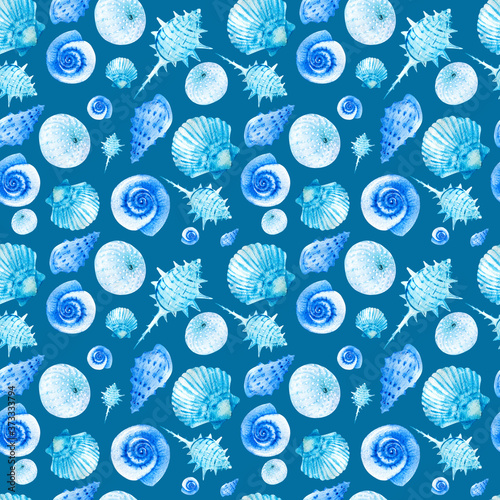 Watercolor seamless patterns with blue seashells on a blue background. Perfect for postcards, patterns, banners, posters, nautical wallpapers, gift wrapping or clothing prints