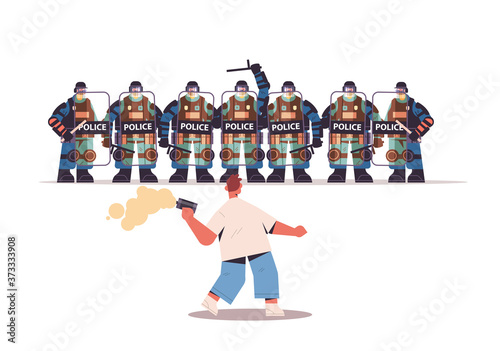 policemen in full tactical gear riot police attacking protester during clashes demonstration protest control concept full length horizontal vector illustration