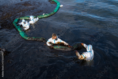 Photography Volunteers clean the ocean coast from oil after a tanker wreck