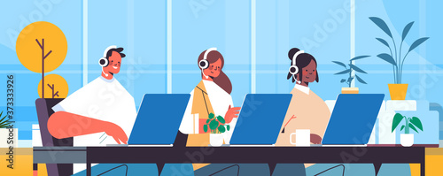 operators with headset chatting with clients call center agents working in office customer support service concept horizontal portrait vector illustration