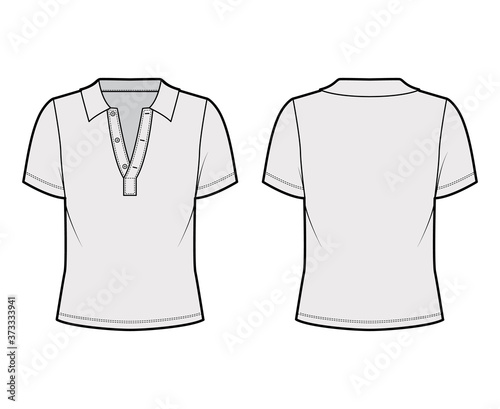 Polo shirt technical fashion illustration with cotton-jersey short sleeves, oversized, buttons along the front. Flat outwear apparel template front, back grey color. Women men unisex top mockup