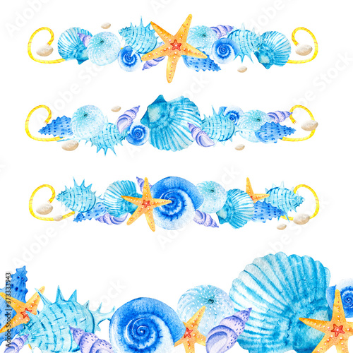 Watercolor clipart compositions for decoration with blue sea shells, orange starfish and snails on a white background. Marine composition. Illustrations for postcard design template hand-drawn