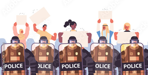 policemen in full tactical gear riot police officers controlling mix race street protesters with placards during clashes demonstration protest concept portrait horizontal vector illustration