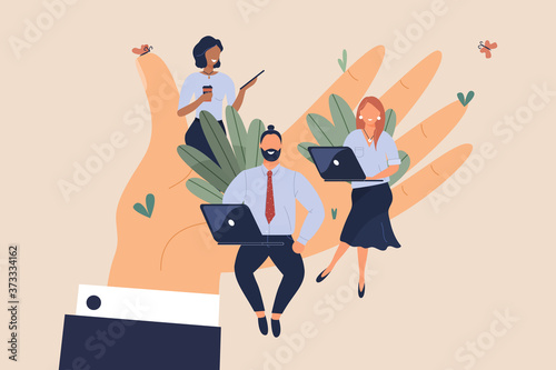 Tiny office workers sitting on huge hand. Concept of good comfortable environment at work  favorable psychological climate high pay and freedom of creativity for employees. Vector flat illustration