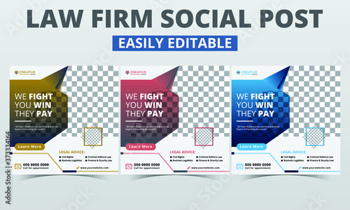 Law firm social media post layout banner templates premium vector sets digital marketing for lawyers. Modern geometric legal square promo social media timeline advertising kit style elements.