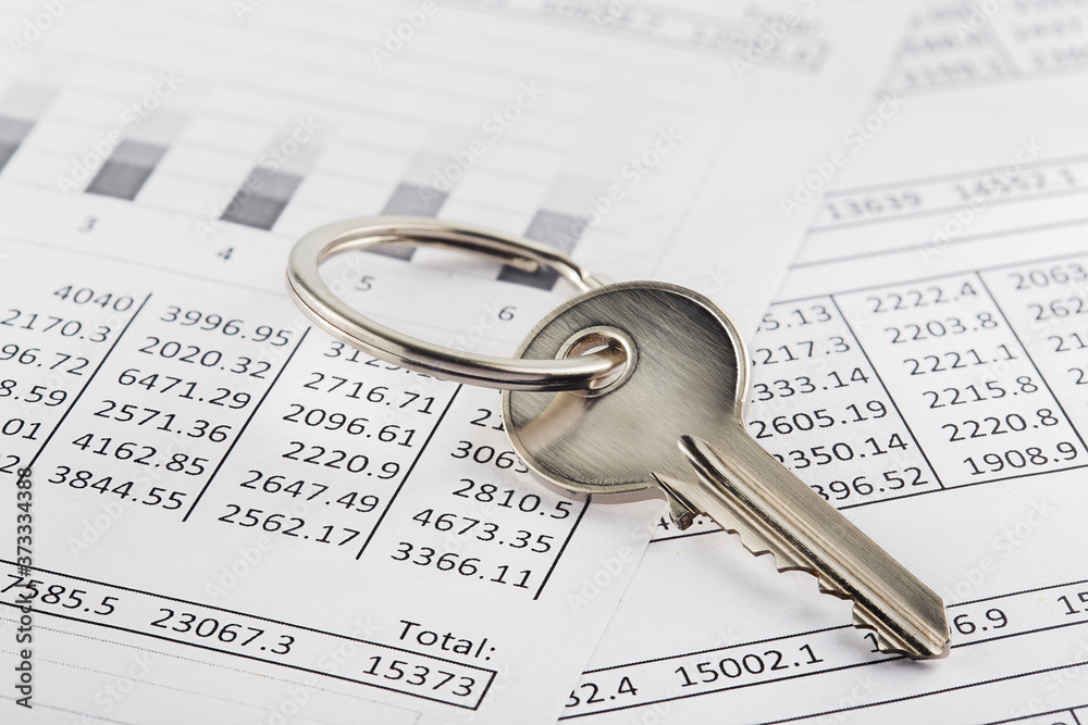 Real estate, keychain with house symbol. Key with finance blank. Real estate, keychain with house symbol. Key with finance blank.