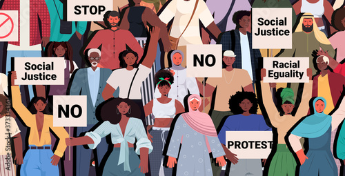 african american people activists holding stop rasism posters racial equality social justice stop discrimination concept portrait horizontal vector illustration