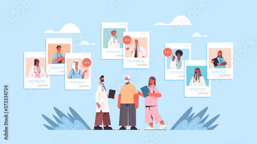 mix race doctors in web browser windows consulting senior male patient online medical consultation healthcare medicine concept horizontal vector illustration