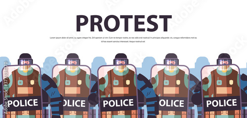 policemen with shields and batons riot police officers standing together protesters demonstrations control concept portrait horizontal copy space vector illustration