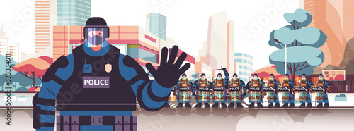 policeman in full tactical gear riot police officer waving hand protesters and demonstrations control concept cityscape portrait horizontal vector illustration