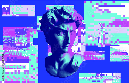Cyberpunk-style collage with plaster 3D head and pixel artifacts. Vaporwave and retrowave aesthetics from the 80s.