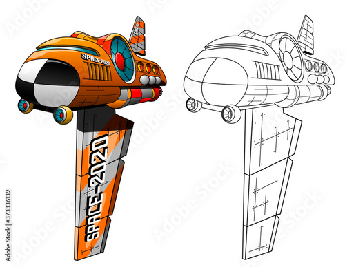 Vector illustration of a fantastic invented spaceship, on a white background © rosasto